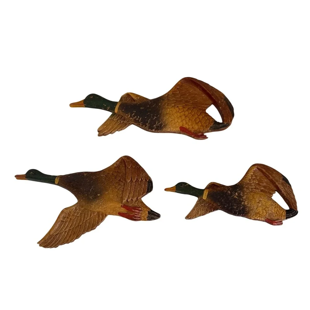 Vintage 1980 Mallard Duck Wall Decor Set 3 Brown Good Rustic Cabin Lodge Flight